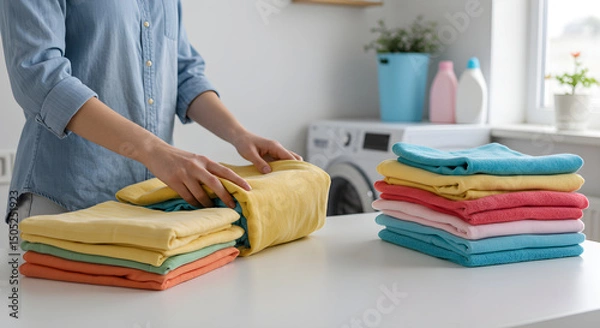 Obraz Woman fold clean washed towels, sorting colorful clothes in laundry room, with modern washing machines and natural light creating warm atmosphere for household chores. organization and housework
