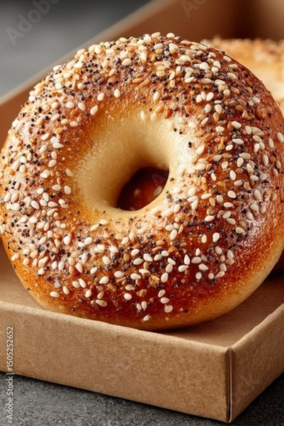 Obraz Delicious breakfast bagel in takeaway packaging. On bistro countertop.	
