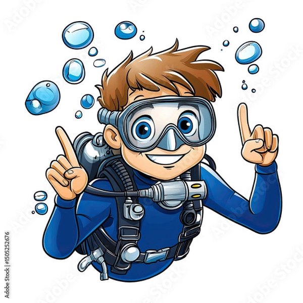 Fototapeta Smiling boy in scuba diving gear underwater with bubbles around him, showing excitement and adventure, ready for underwater exploration