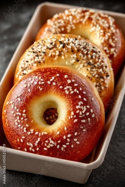 Obraz Delicious breakfast bagel on dark plate next to a cup of fresh coffee. On bistro countertop.	
