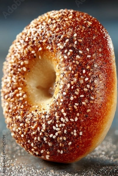 Obraz Delicious breakfast bagel on dark plate next to a cup of fresh coffee. On bistro countertop.	
