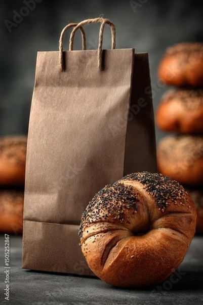Obraz Bagel and bag, on a matte textured surface, strong key lighting, product shot for ecommerce,