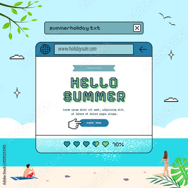 Fototapeta Cute retro summer sale pop up window with beach scene illustration