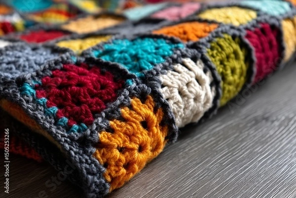 Obraz Colorful quilt textured with intricate crochet patterns on a wooden surface showcasing vibrant squares