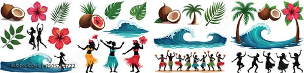 Fototapeta Set of coconuts, palm leaves, ocean waves, and dancers silhouettes – Fiji Hibiscus Festival July event vector collection isolated on white background.