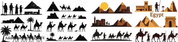 Fototapeta Set of ancient ruins, explorers, pyramids, and camel caravans silhouettes – Egypt Cultural Heritage Week July event vector collection isolated on white background.