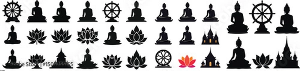 Fototapeta Set of Buddha, dharma wheel, lotus flower, and temple silhouettes – Asalha Puja Buddhist religious observance vector collection isolated on white background.