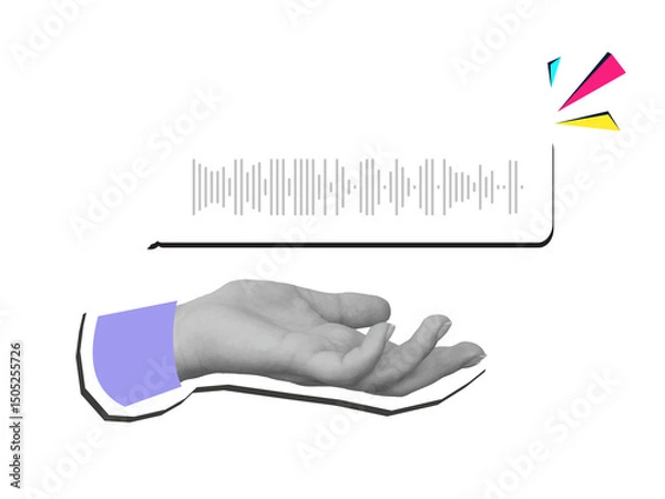 Fototapeta Hand holds speech bubble with a voice message. Modern collage style. Illustration on transparent background