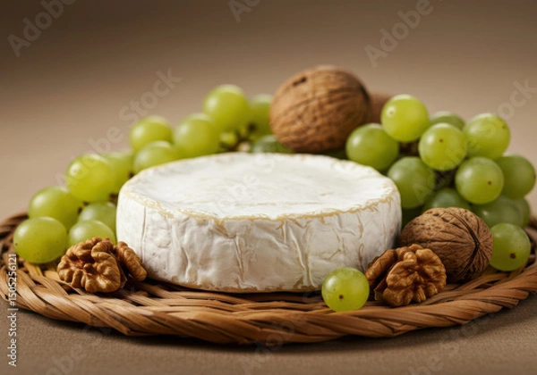 Fototapeta A delightful assortment of camembert cheese, green grapes, and walnuts on a woven base.