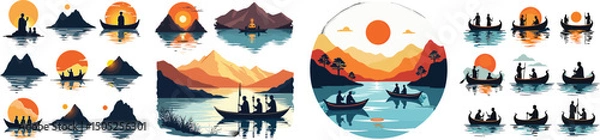 Fototapeta Set of sacred lake, pilgrims, Buddhist symbols, and ritual boat silhouettes – Hemis Festival Ladakh India July event symbol vector collection isolated on white background.