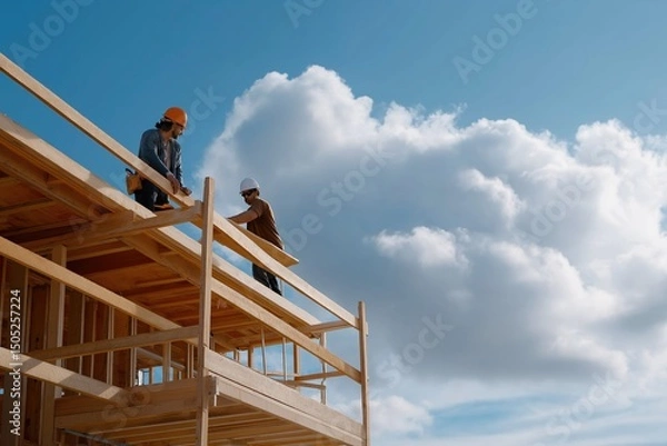 Fototapeta Two men are working on a building, one of them is wearing a hard hat. The sky is cloudy and the sun is shining through the clouds