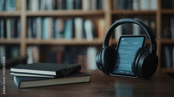 Fototapeta Modern headphones and tablet resting on wooden table in library setting