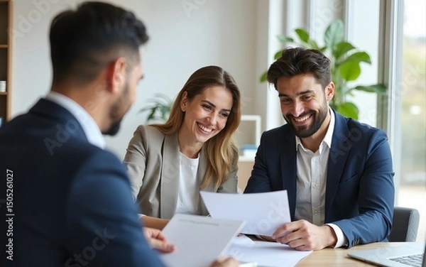 Fototapeta Happy couple reading terms of  agreement during  meeting with bank manager in office. High quality