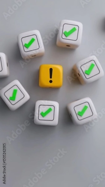Obraz White dice flat lay with yellow die in center showing exclamation mark symbolizing unique alert concept in incident management and response strategy