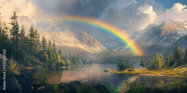 Obraz Rainbow Arching Over Serene Landscape with Peaceful Natural Scenery