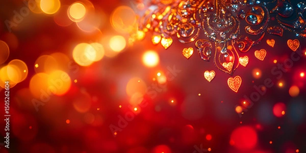 Obraz Red Bokeh Background with Luminous Golden Heart Light Effects