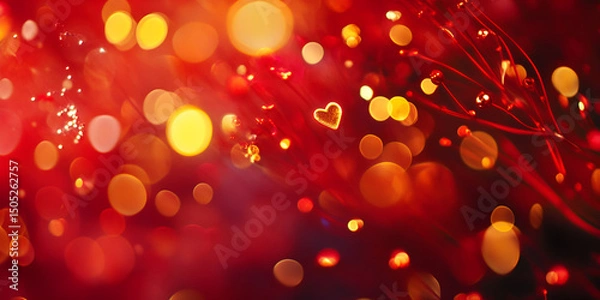 Obraz Red Bokeh Background with Luminous Golden Heart Light Effects