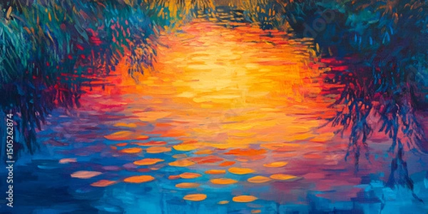 Obraz Vivid Sunset Colors Reflecting on Still Pond Tranquil Nature Scene