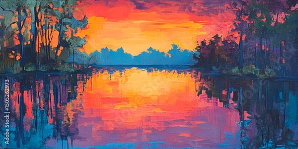 Obraz Vivid Sunset Colors Reflecting on Still Pond Tranquil Nature Scene