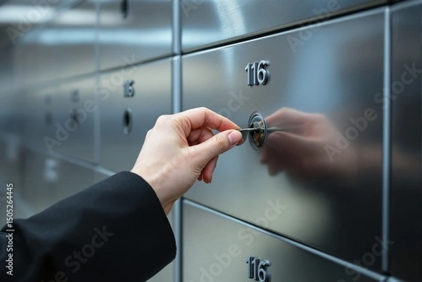 Fototapeta Close-up of a hand unlocking a metal safety deposit box in a secure vault, metallic background, concept of finance security and privacy. Ai generative