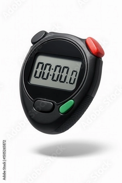 Fototapeta Digital stopwatch with a clear display, black body, and red and green buttons, on transparent background.