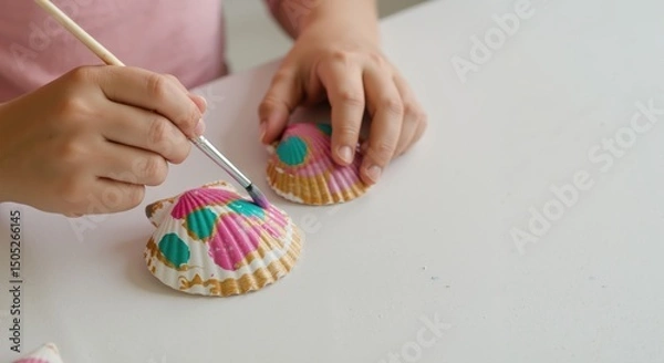 Fototapeta Child painting colorful shells on white table at home  