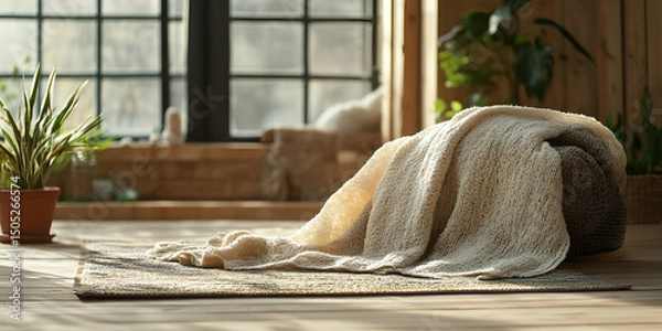Obraz Warm Cozy Blanket Draped Over Meditation Mat Relaxation Space