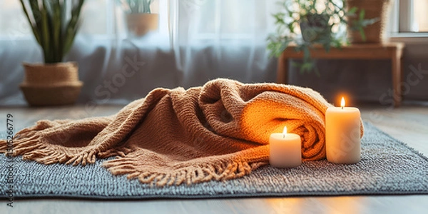 Obraz Warm Cozy Blanket Draped Over Meditation Mat Relaxation Space
