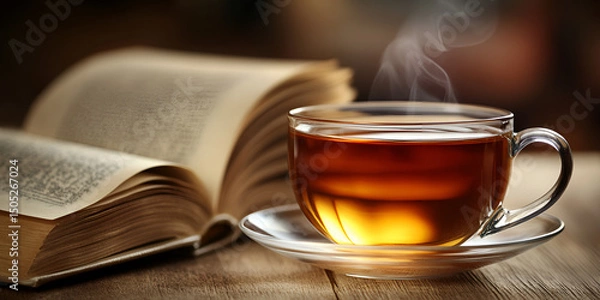 Obraz Warm Cup of Tea Beside Mental Health Book Relaxation Concept