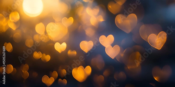 Fototapeta Warm Golden Bokeh Accented with Faint Heart Shapes Abstract Background