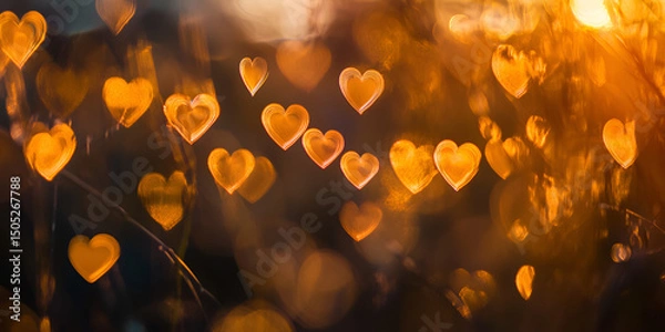 Fototapeta Warm Golden Bokeh Accented with Faint Heart Shapes Abstract Background