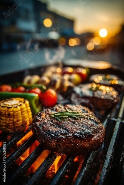Obraz BBQ grill. The grill overflows with an assortment of delicious steaks bursting with flavor, and an array of baked vegetables.	
