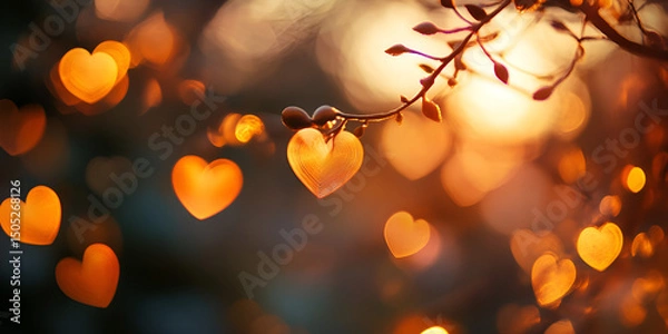 Obraz Warm Golden Bokeh with Subtle Heart Shapes Abstract Background