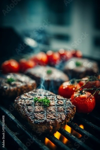 Obraz BBQ grill. The grill overflows with an assortment of delicious steaks bursting with flavor, and an array of baked vegetables.	
