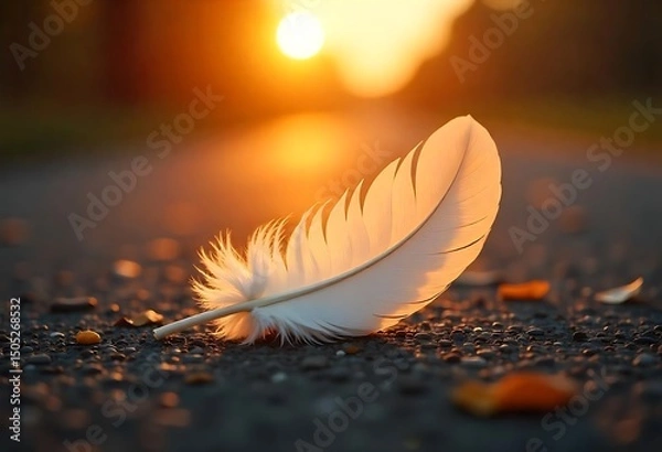Fototapeta White feather on textured pavement during golden hour, macro close-up, soft light, serene outdoor atmosphere.