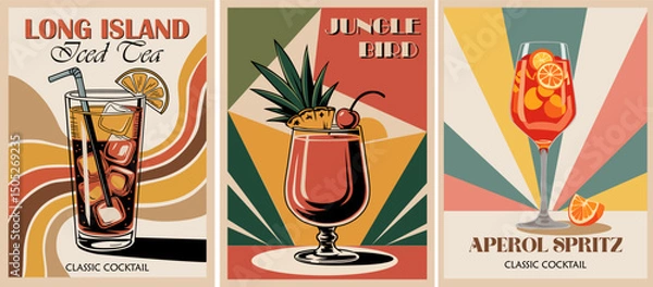 Fototapeta Set of retro cocktail posters in flat mid-century modern style. Aperol Spritz, Long Island Iced Tea, Jungle Bird. Perfect for bar decor, prints, kitchen, or party graphics