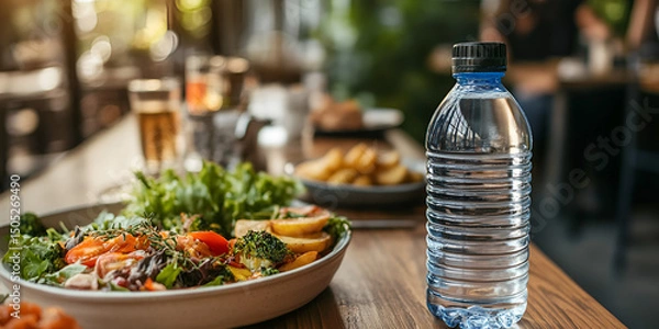 Obraz Water Bottle on Table with Healthy Meal Balanced Nutrition
