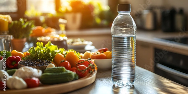 Obraz Water Bottle on Table with Healthy Meal Balanced Nutrition