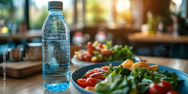 Obraz Water Bottle on Table with Healthy Meal Balanced Nutrition