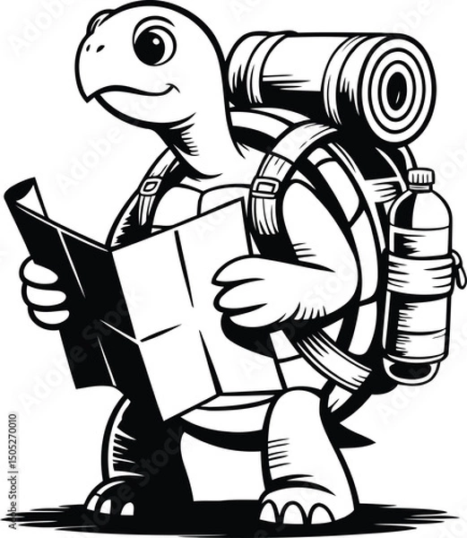 Obraz Explorer Turtle Silhouette Vector – Cute Cartoon Turtle with Backpack and Map.