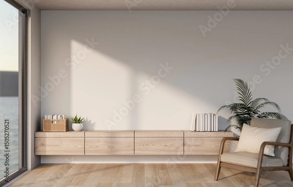 Fototapeta A wooden armchair facing the door in the room with build in counter and wooden floor with sea view.