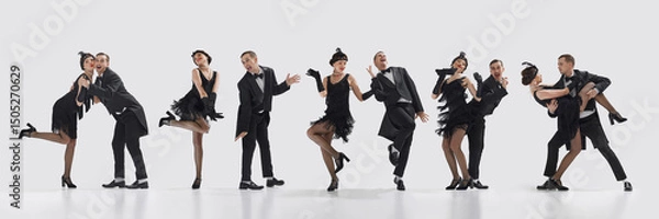 Fototapeta Collage. Stylish jazz dancers in 1920s costumes posing expressively with theatrical gestures against white background. Concept of dance, retro performance, expression, jazz era, celebration