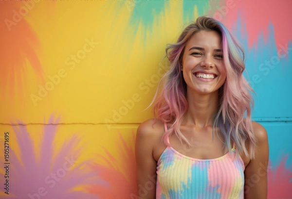 Obraz portrait of a young girl is standing against a wall, which has been painted with bright, multicolored paint.