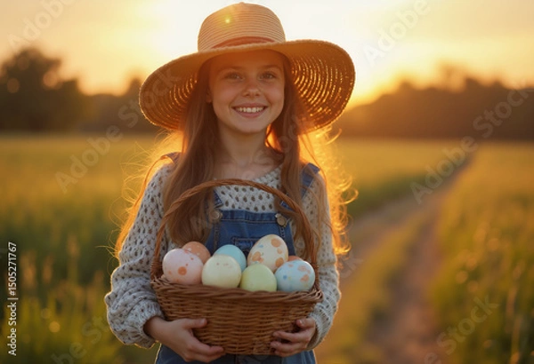 Obraz girl posing with basket of painted eggs for easter holiday against beautiful sunset in field with beautiful flowers and herbs