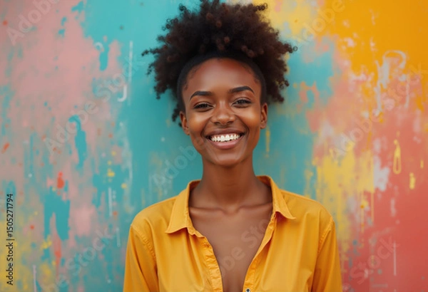 Obraz portrait of a young girl is standing against a wall, which has been painted with bright, multicolored paint.