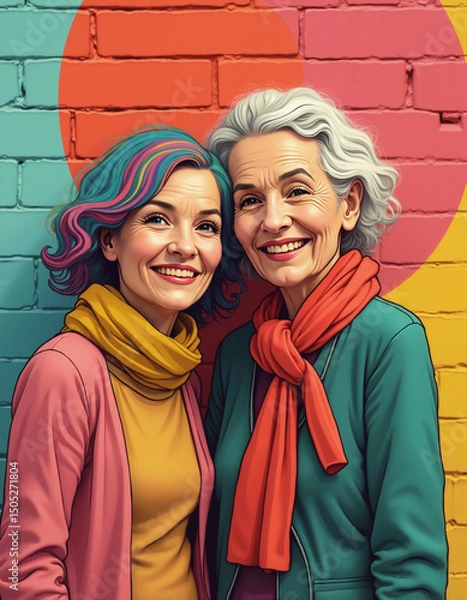 Obraz portrait of an elderly couple standing in front of a wall decorated with a variety of bright colors.