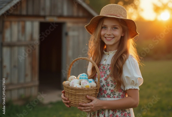 Obraz girl posing with basket of painted eggs for easter holiday against beautiful sunset in front of henhouse and farm