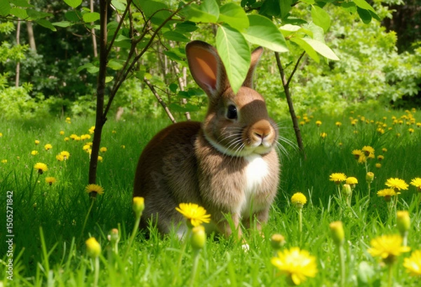 Obraz cute rabbit in the forest glade sits on the grass under tree branch and looks with raised ears