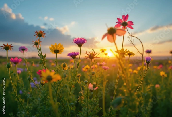 Obraz A field of flowers in the beautiful sunset.