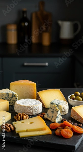 Fototapeta Assortment of gourmet cheeses and accompaniments on a rustic wooden board